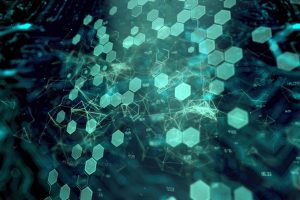 Digital abstract technological environment, dark green background with lighter green hexagon shapes.
