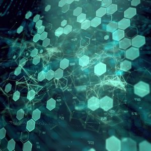 Digital abstract technological environment, dark green background with lighter green hexagon shapes.